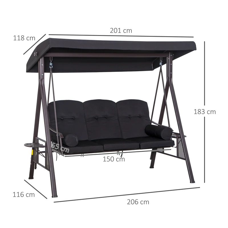 Outsunny Balancín de Jardín Exterior de 3 Plazas Columpio de Jardín Exterior con Toldo Curvo 2 Bandejas Laterales y 2 Almohadas de Brazo para Balcón Terraza Patio Carga 360 kg 206x116x183 cm Negro