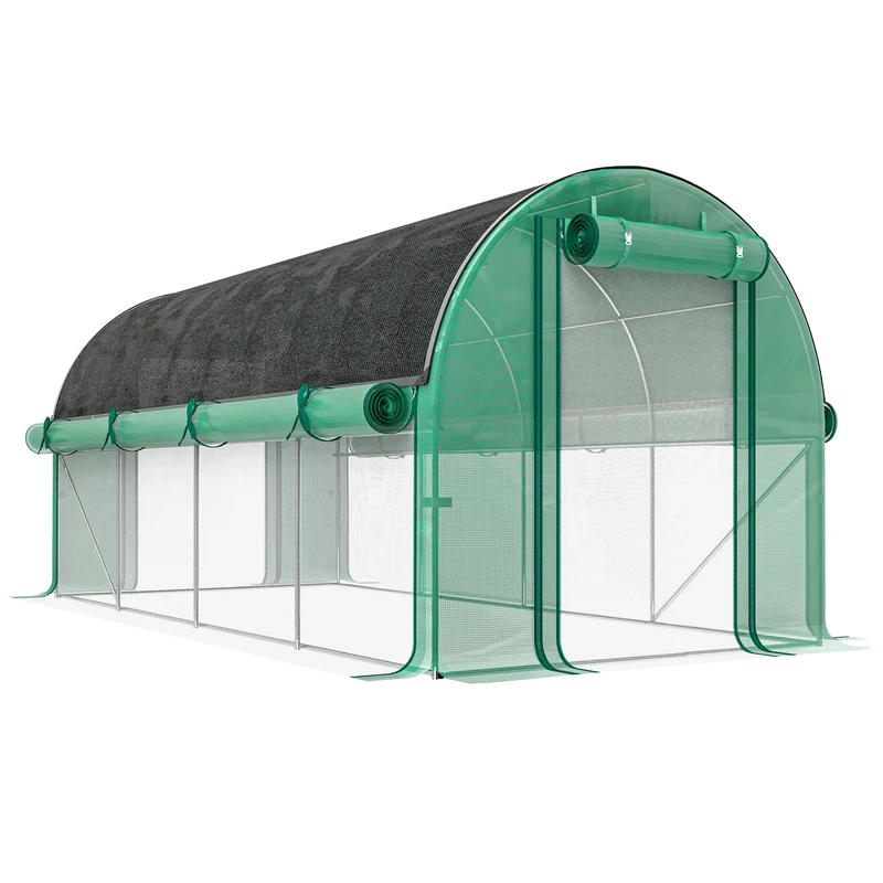 Outsunny Invernadero de Exterior 4,5x2x2 m con Cubierta Extra Invernadero de Túnel con Paredes Laterales Enrollables 8 Ventanas de Malla y 2 Puertas Enrollables Invernadero para Jardín Patio Verde