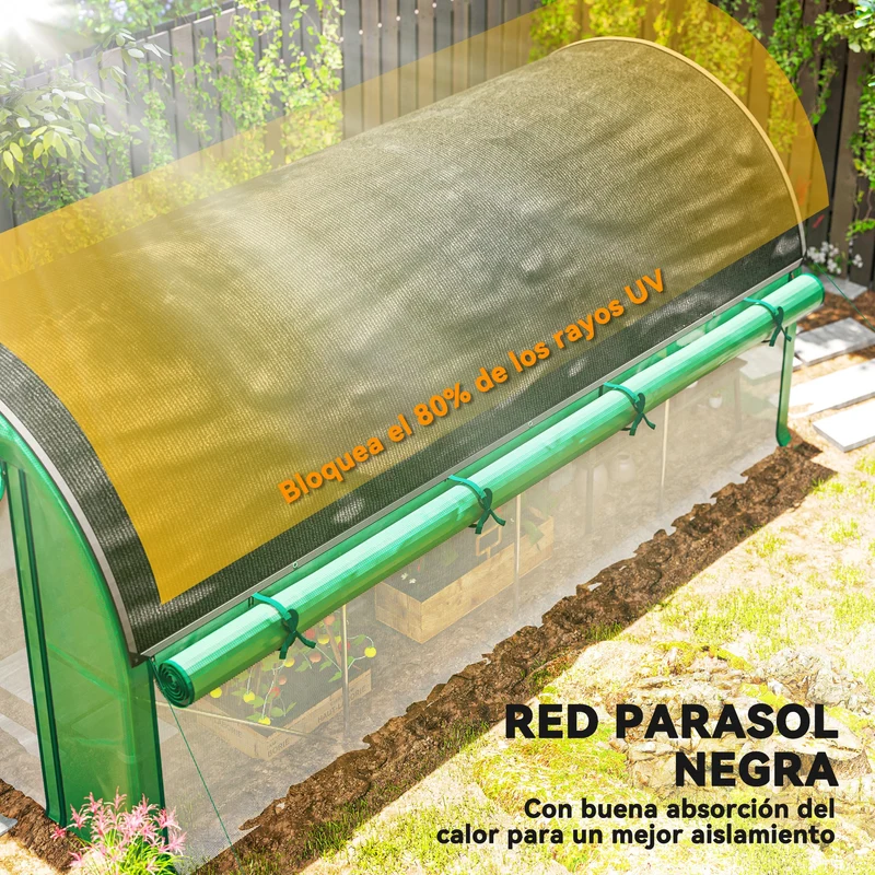 Outsunny Invernadero de Exterior 4,5x2x2 m con Cubierta Extra Invernadero de Túnel con Paredes Laterales Enrollables 8 Ventanas de Malla y 2 Puertas Enrollables Invernadero para Jardín Patio Verde
