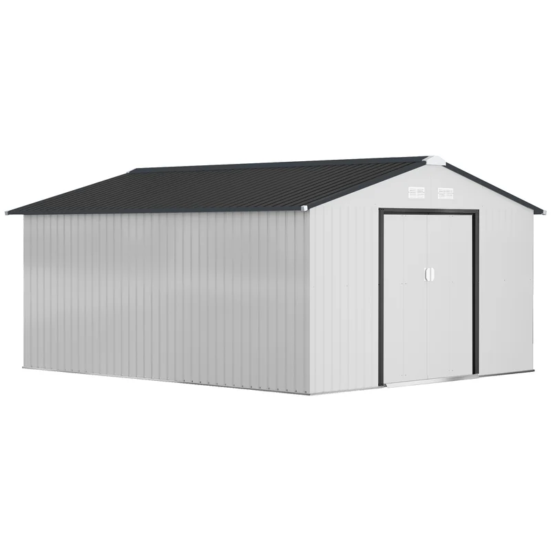 Outsunny Caseta de Jardín Exterior 12,4 m² 340x386x200 cm Cobertizo de Jardín Exterior con Puerta Corredera Techo Inclinado Base Refuerzo (Suelo NO Incluido) y 4 Ventanas Blanco