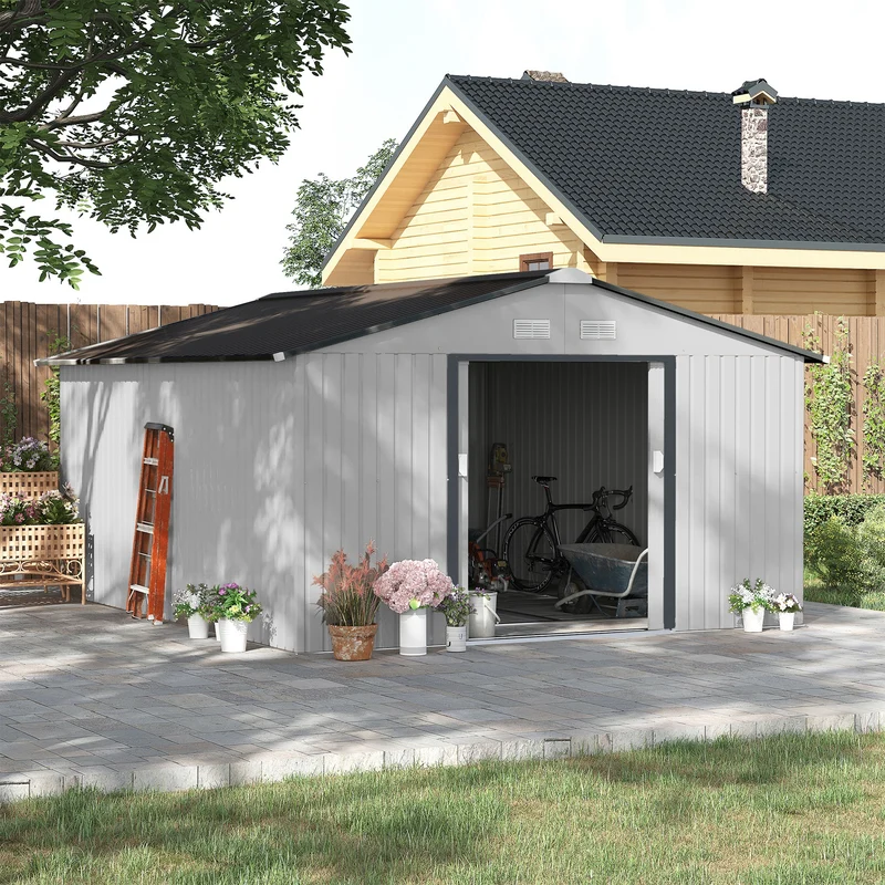 Outsunny Caseta de Jardín Exterior 12,4 m² 340x386x200 cm Cobertizo de Jardín Exterior con Puerta Corredera Techo Inclinado Base Refuerzo (Suelo NO Incluido) y 4 Ventanas Blanco