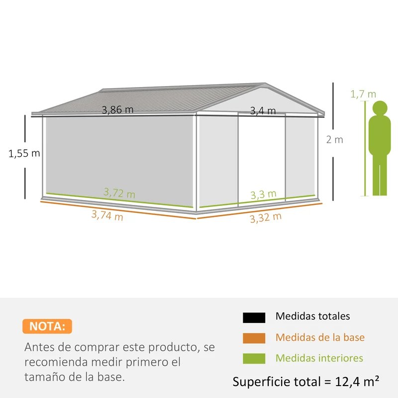Outsunny Caseta de Jardín Exterior 12,4 m² 340x386x200 cm Cobertizo de Jardín Exterior con Puerta Corredera Techo Inclinado Base Refuerzo (Suelo NO Incluido) y 4 Ventanas Blanco