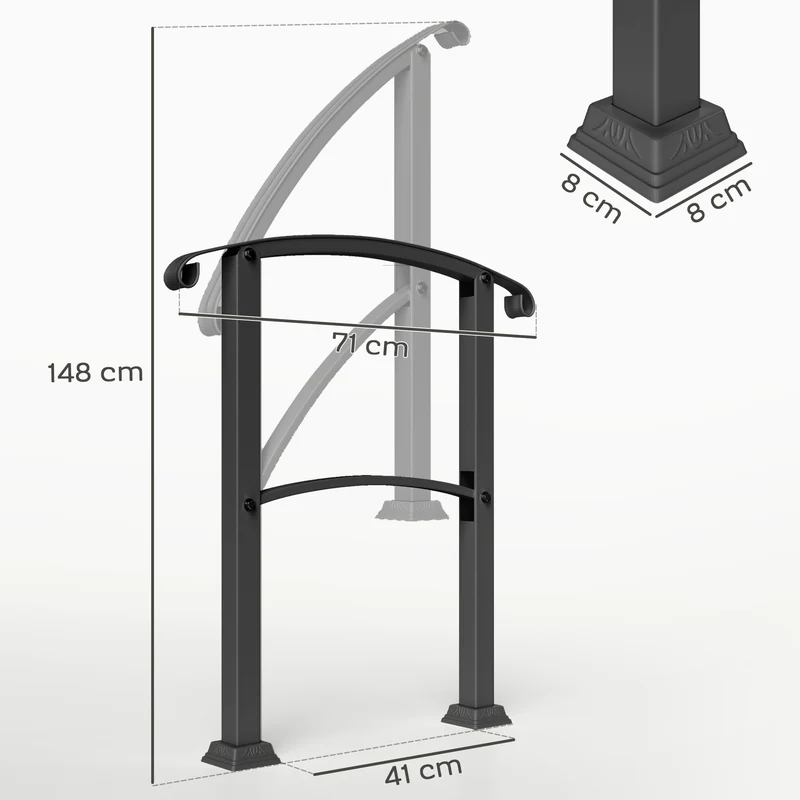 Outsunny Barandilla de Escalera 71 cm Pasamanos para Escalera con Kit de Instalación Ángulo Ajustable para 1-3 Escalones para Exterior Terraza Patio Negro