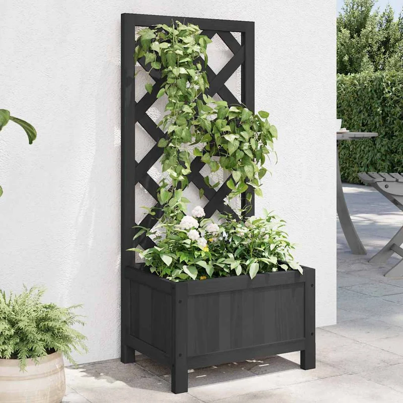 Jardinera Con Enrejado Negro 40x30x90 Cm Madera Maciza De Abeto