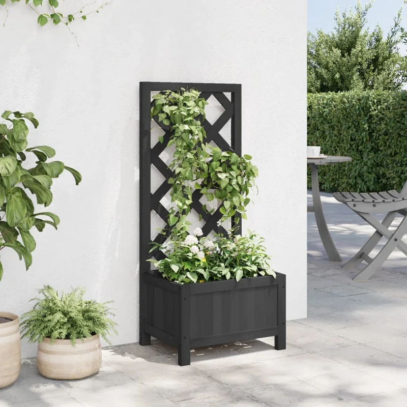 Jardinera Con Enrejado Negro 40x30x90 Cm Madera Maciza De Abeto