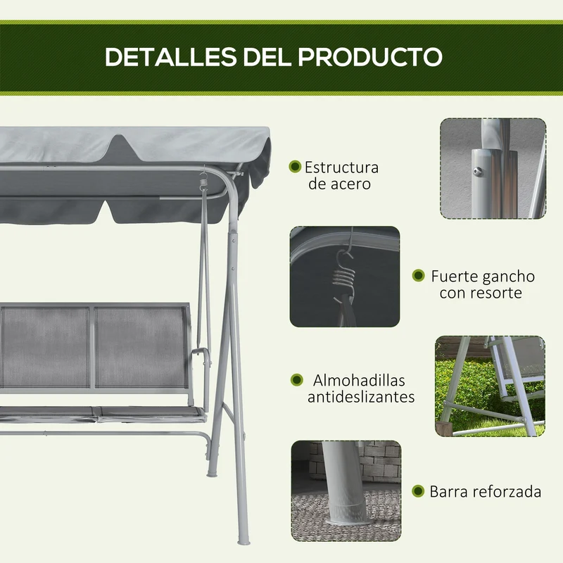 Outsunny Columpio Balancín Jardín De 3 Plazas Con Toldo Ajustable Terraza Gris
