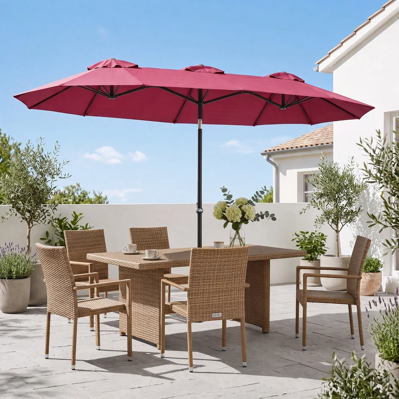 Outsunny Sombrilla Doble 295x152x222 Cm Con Inclinación De 45° Manivela Rojo