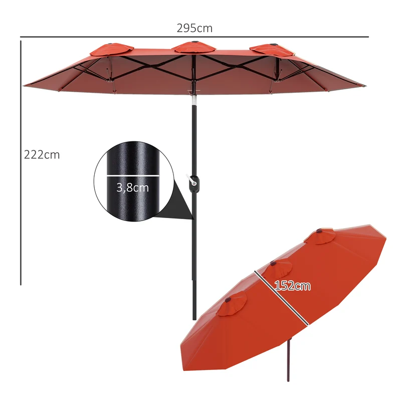 Outsunny Sombrilla Doble 295x152x222 Cm Con Inclinación De 45° Manivela Rojo