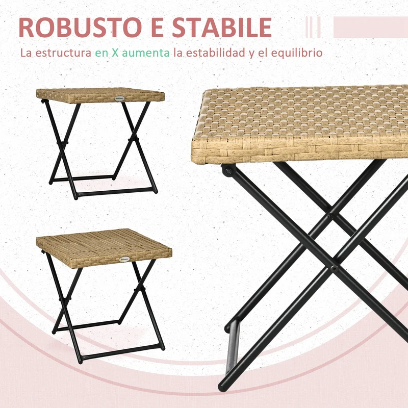 Outsunny Mesa De Jardín De Ratán Sintético Plegable 40x40x40 Cm Natural