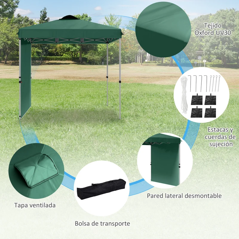 Outsunny Carpa Plegable 2,5x2,5 M Con 1 Pared Lateral Altura Ajustable Verde