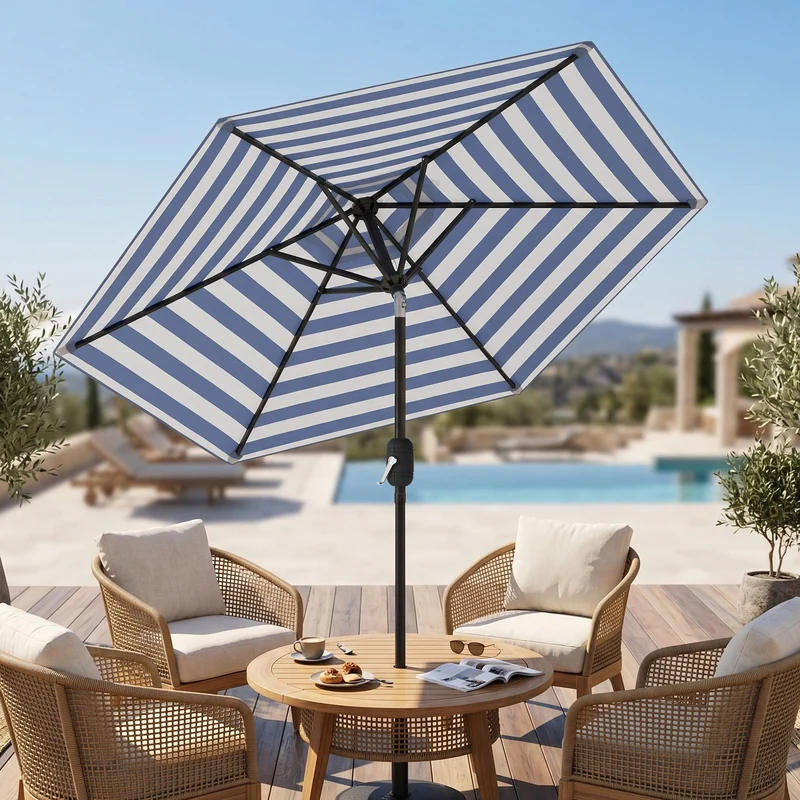 Outsunny Sombrilla Terraza Exterior Ø230 Cm Con Ángulo Ajustable Azul Y Blanco