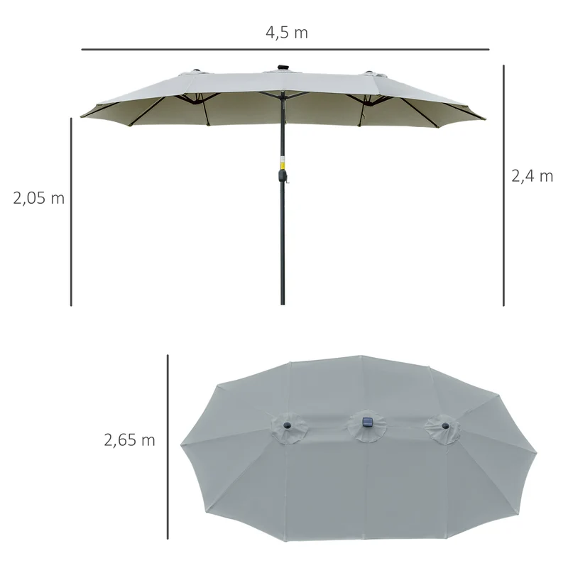 Outsunny Sombrilla Doble De Jardín Con 48 Luces Led Solar 450x265x240 Cm Gris