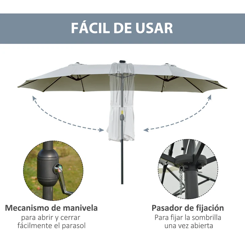 Outsunny Sombrilla Doble De Jardín Con 48 Luces Led Solar 450x265x240 Cm Gris