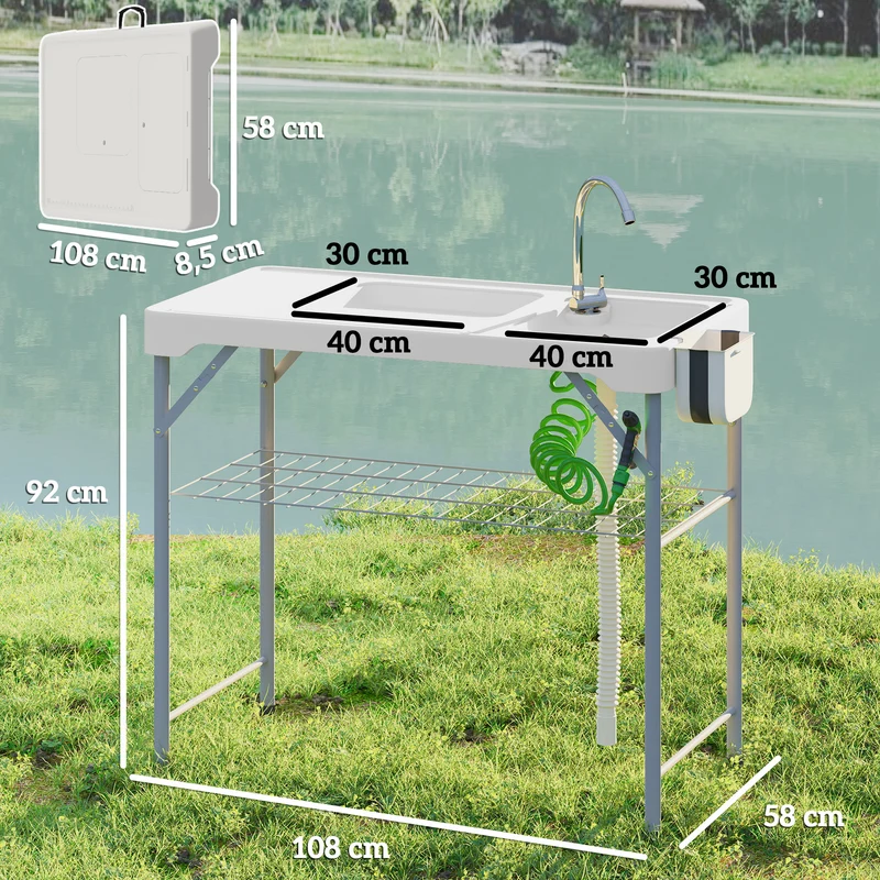 Outsunny Mesa Para Limpiar Pescado Portátil Con 2 Fregaderos Blanco