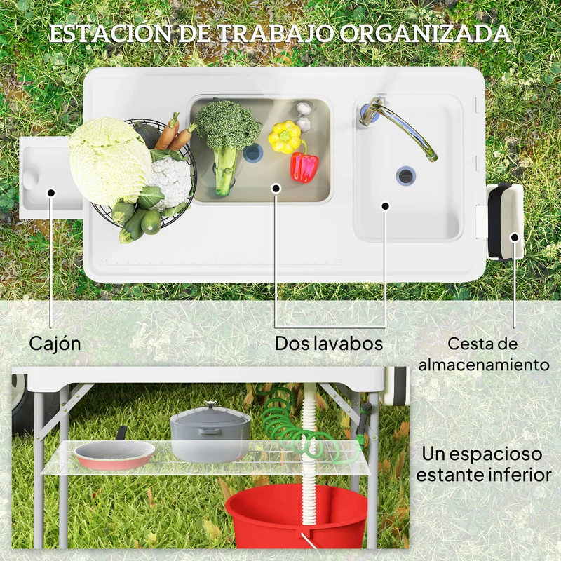 Outsunny Mesa Para Limpiar Pescado Portátil Con 2 Fregaderos Blanco