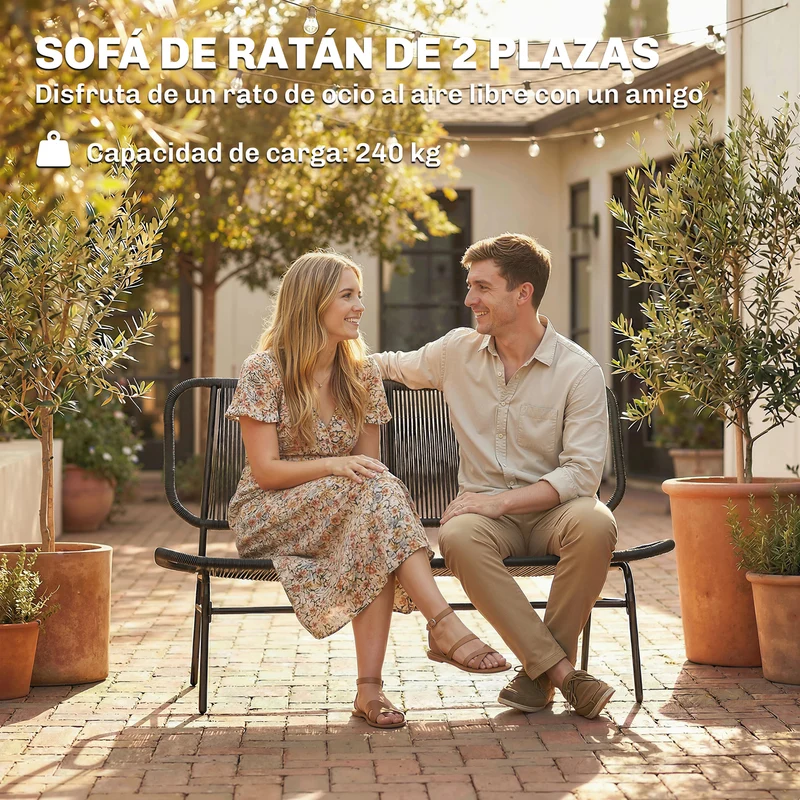 Outsunny Banco Exterior De Ratán De 2 Plazas Con Respaldo Tejido Negro
