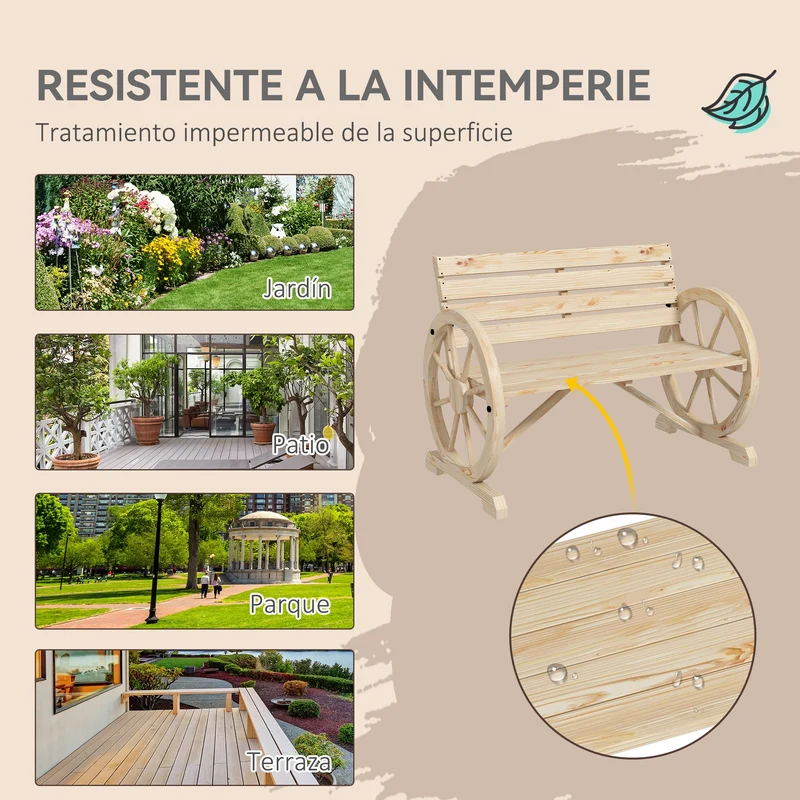 Outsunny Banco De Jardín De Madera Reposabrazos En Forma De Rueda Carga 240 Kg