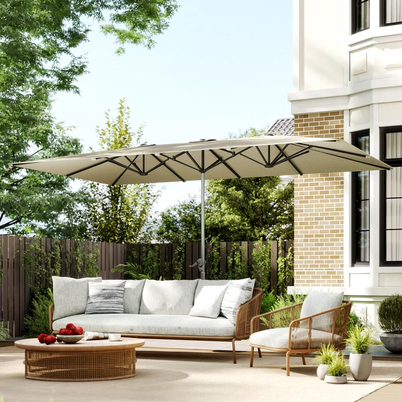 Outsunny Sombrilla Doble 4,5x2,6 M Con Manivela Impermeable Crema