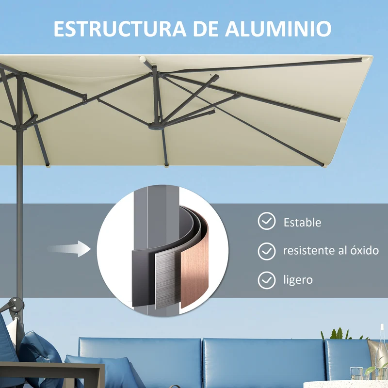 Outsunny Sombrilla Doble 4,5x2,6 M Con Manivela Impermeable Crema