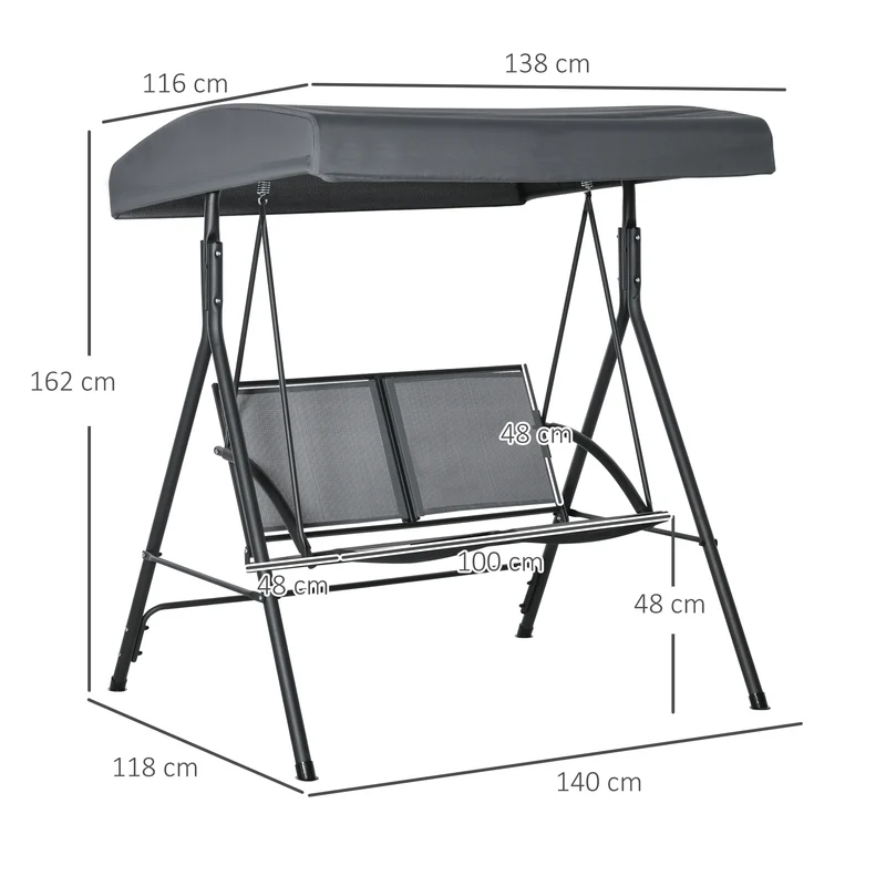 Outsunny Columpio Jardín 2 Plazas Techo Ajustable Asientos Textilene Gris Oscuro