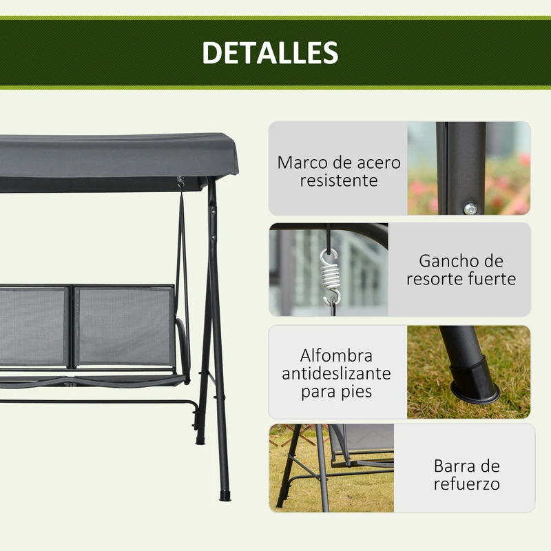 Outsunny Columpio Jardín 2 Plazas Techo Ajustable Asientos Textilene Gris Oscuro