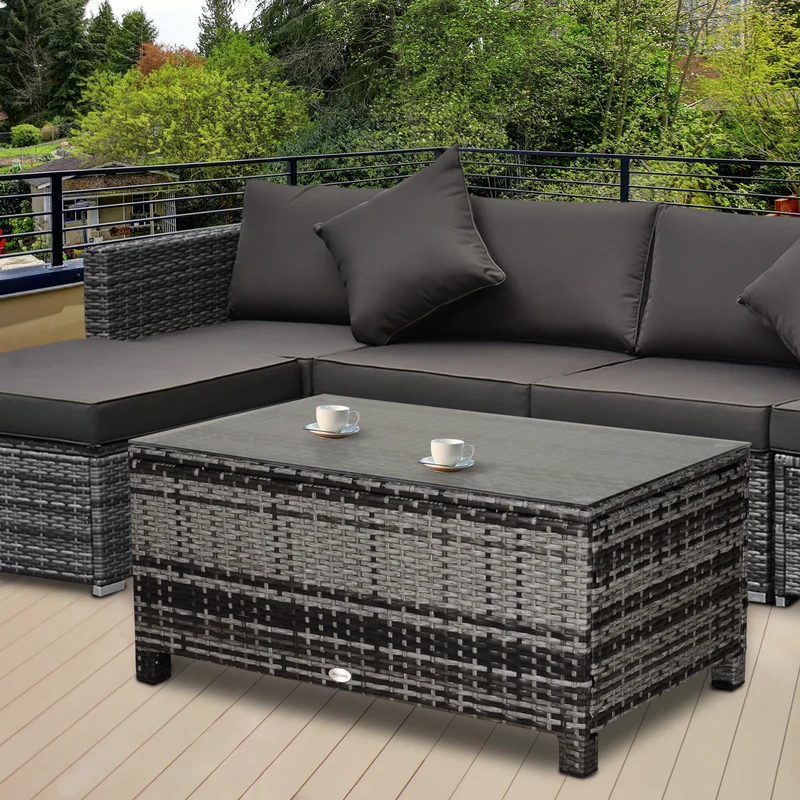 Outsunny Mesa De Jardín De Ratán Sintético Con Vidrio Templado 85x50x39cm Gris