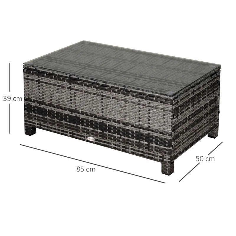 Outsunny Mesa De Jardín De Ratán Sintético Con Vidrio Templado 85x50x39cm Gris