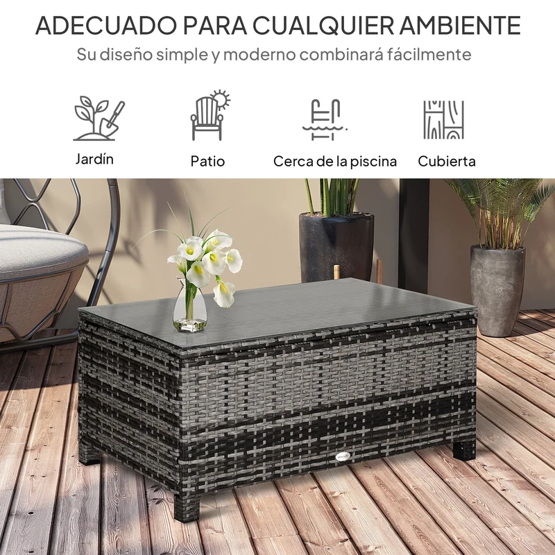 Outsunny Mesa De Jardín De Ratán Sintético Con Vidrio Templado 85x50x39cm Gris