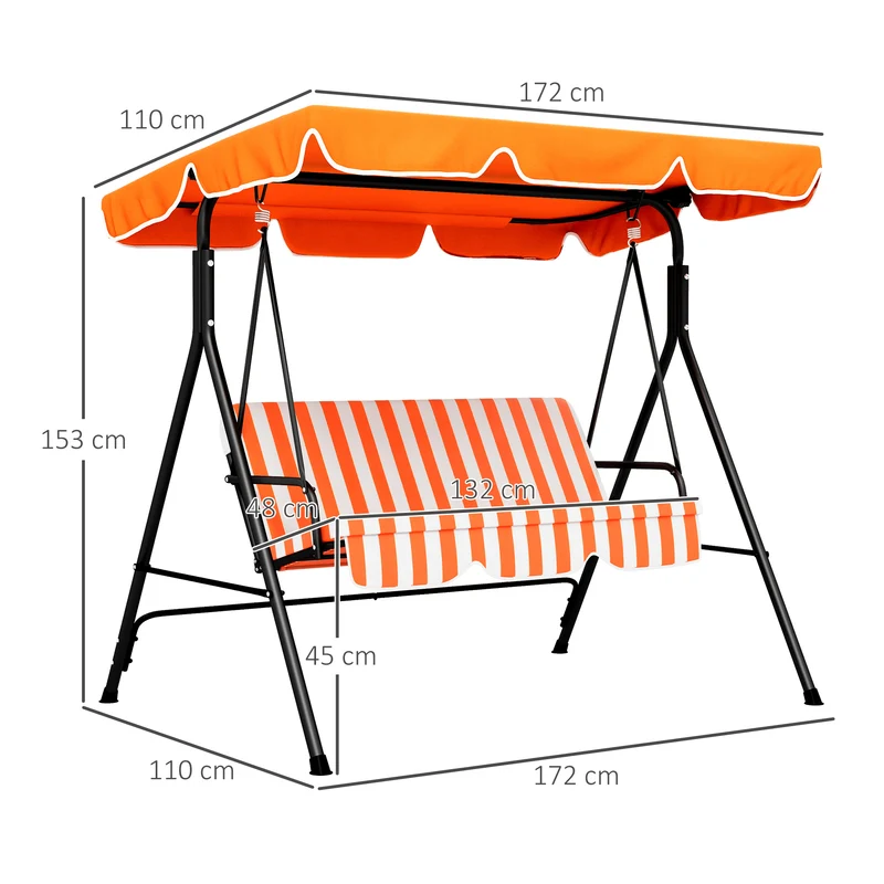 Outsunny Columpio De Jardín De 3 Plazas Techo Ajustable 172x110x153 Cm Naranja