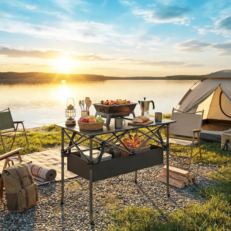 Outsunny Mesa Plegable Camping 93x55x68 Cm Con Red De Almacenamiento Negro