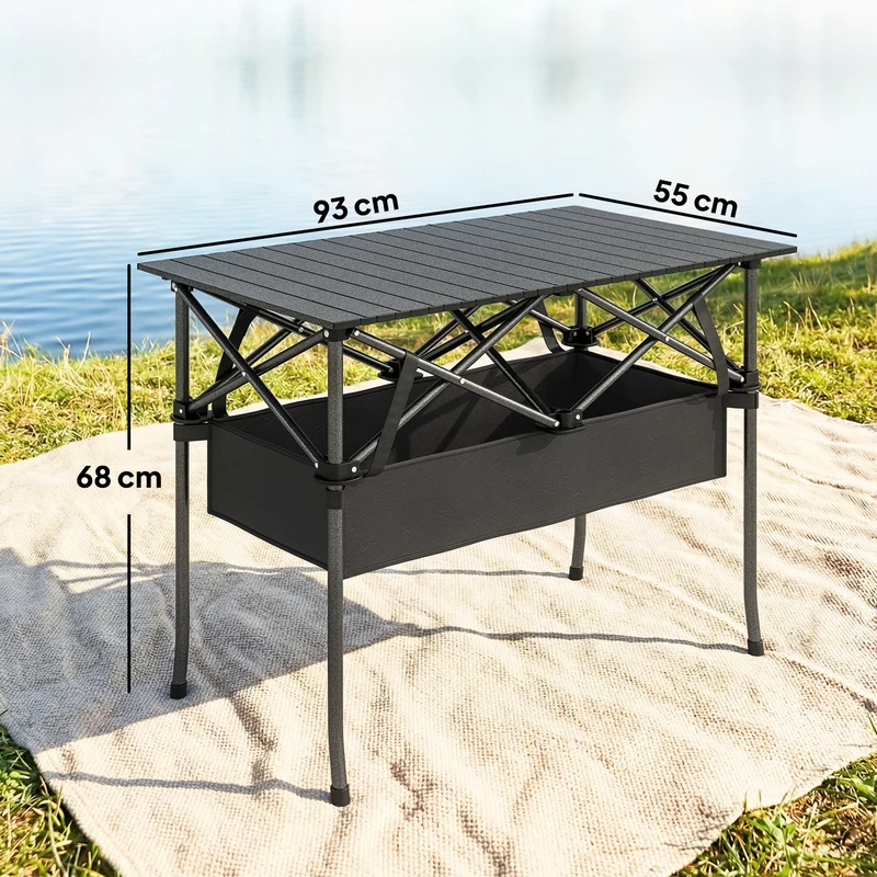Outsunny Mesa Plegable Camping 93x55x68 Cm Con Red De Almacenamiento Negro