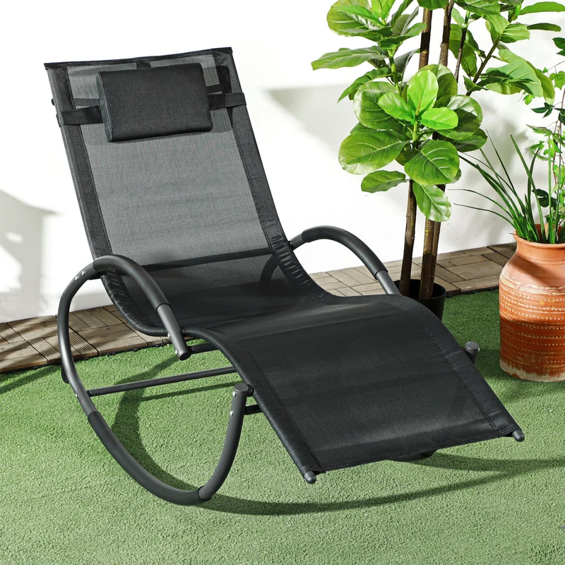 Outsunny Mecedora De Exterior Con Reposacabezas Reposabrazos 155x61x88 Cm Negro