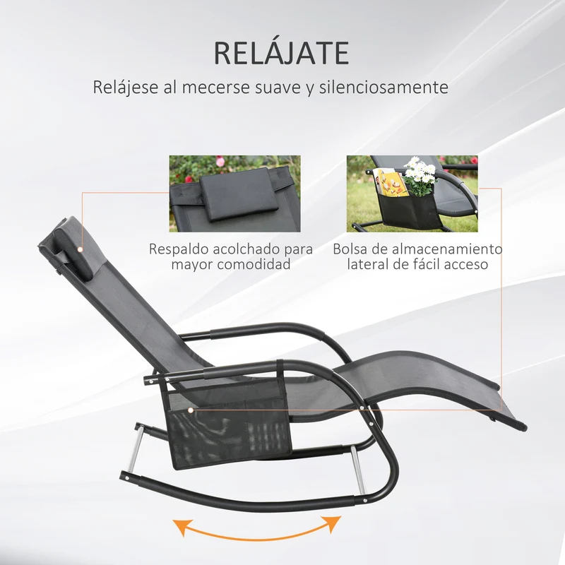 Outsunny Mecedora De Exterior Con Reposabrazos Y Bolsillo Lateral Negro