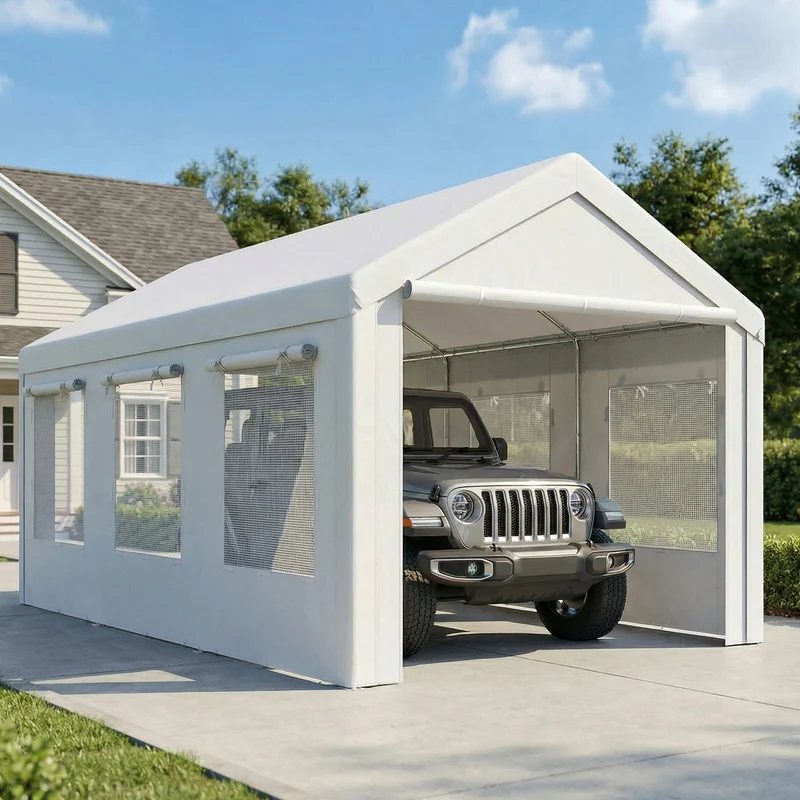 Outsunny Carpa Garaje 3x6 M Impermeable Con Puerta Enrollable Y Ventanas Blanco