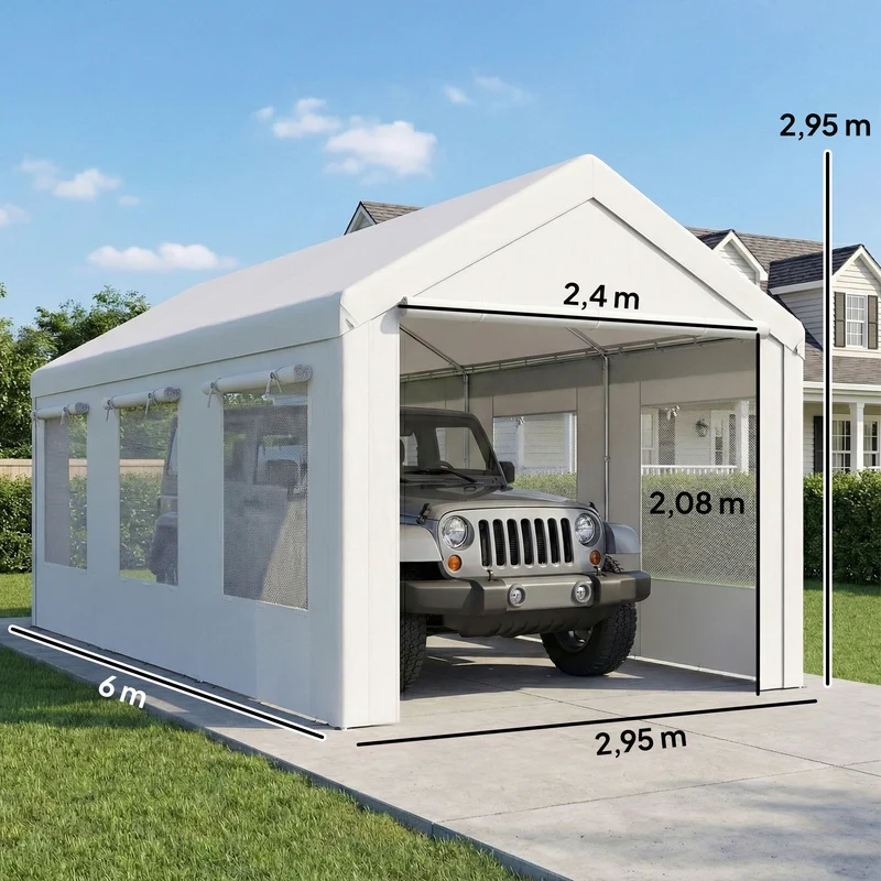 Outsunny Carpa Garaje 3x6 M Impermeable Con Puerta Enrollable Y Ventanas Blanco