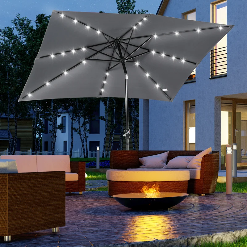 Outsunny Sombrilla De Jardín 2,7x2x2,5 M Con Techo Inclinable Luces Led Gris