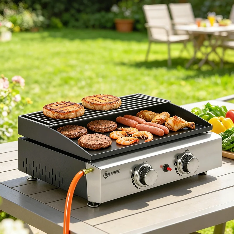 Outsunny Barbacoa De Gas Con 2 Quemadores 5 Kw Plancha Rejilla Calentadora