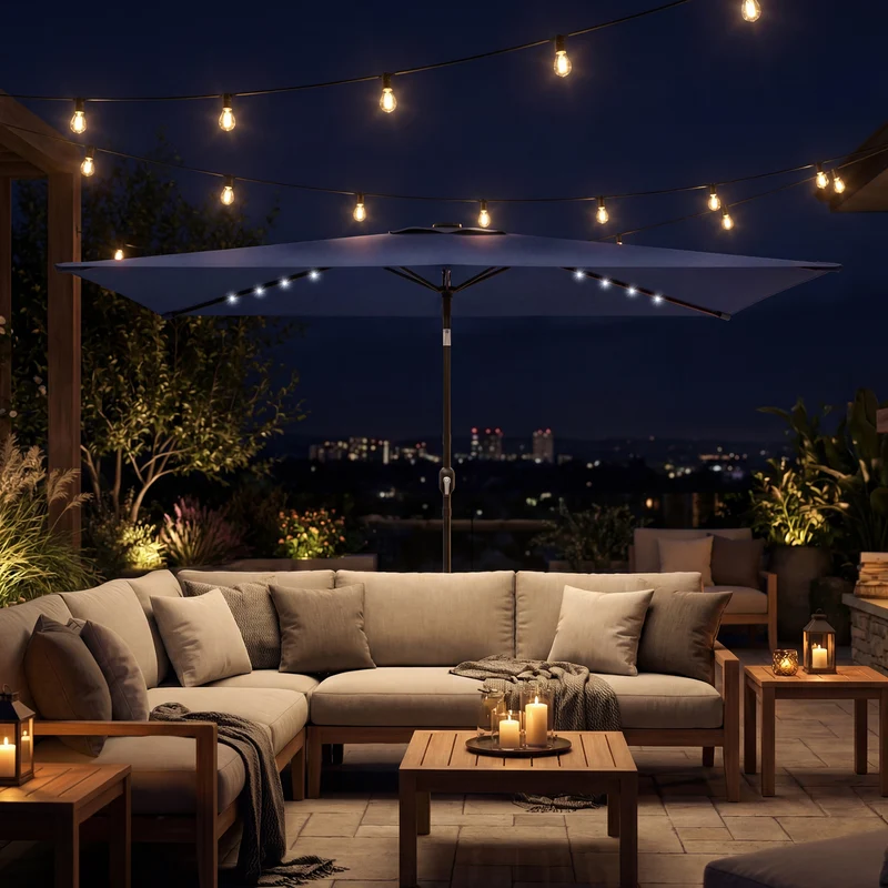 Outsunny Sombrilla Terraza Exterior Con 24 Luces Led Solares 2,9x2,5 M Azul