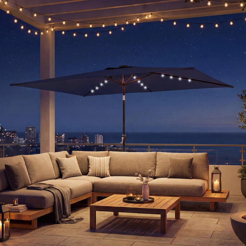 Outsunny Sombrilla Terraza Exterior Con 24 Luces Led Solares 2,9x2,5 M Azul