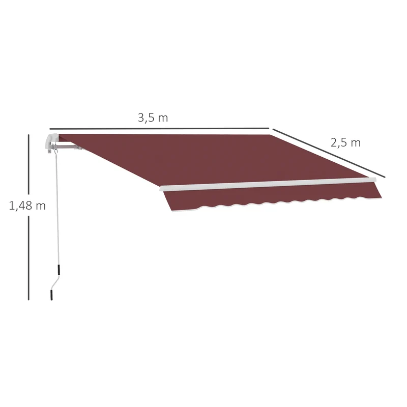 Outsunny Toldo Manual Retráctil 3,5x2,5 M Con Ángulo Ajustable Manivela Rojo