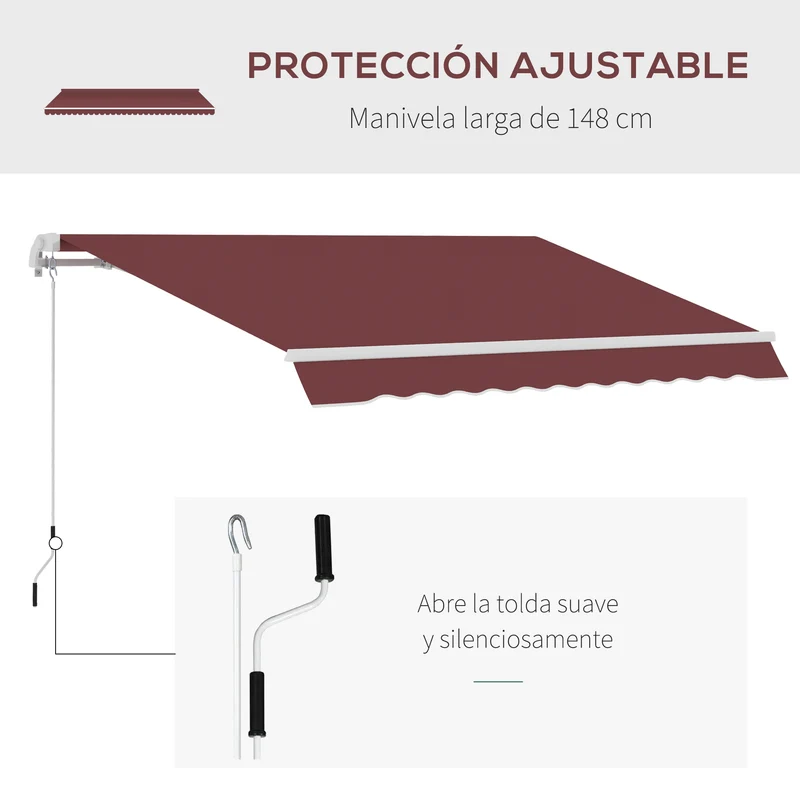 Outsunny Toldo Manual Retráctil 3,5x2,5 M Con Ángulo Ajustable Manivela Rojo