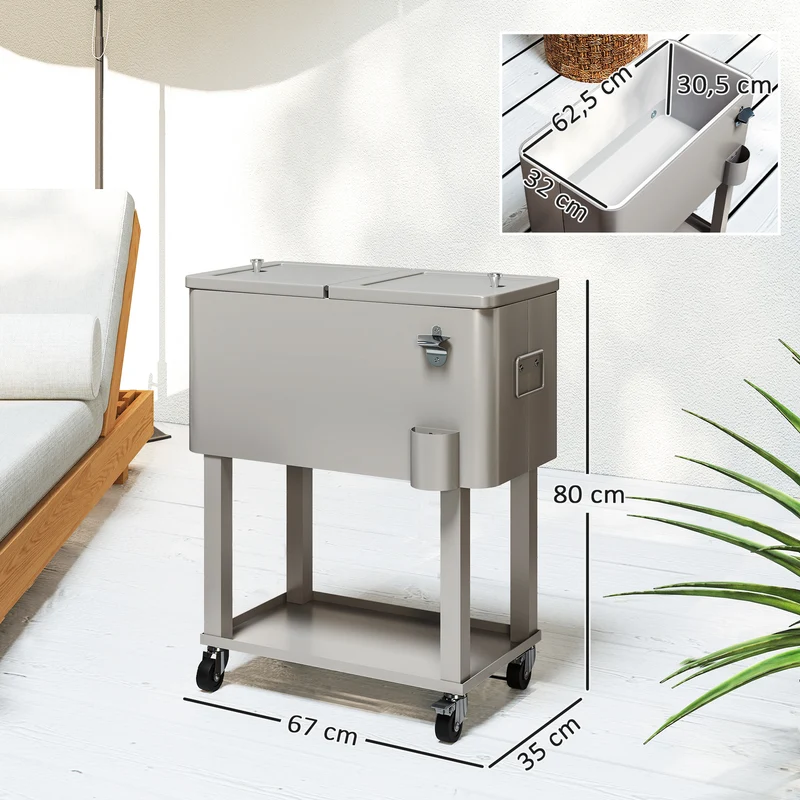 Outsunny Carro De Bebidas Refrigerado 56l Con Ruedas 67x35x80 Cm Gris Claro