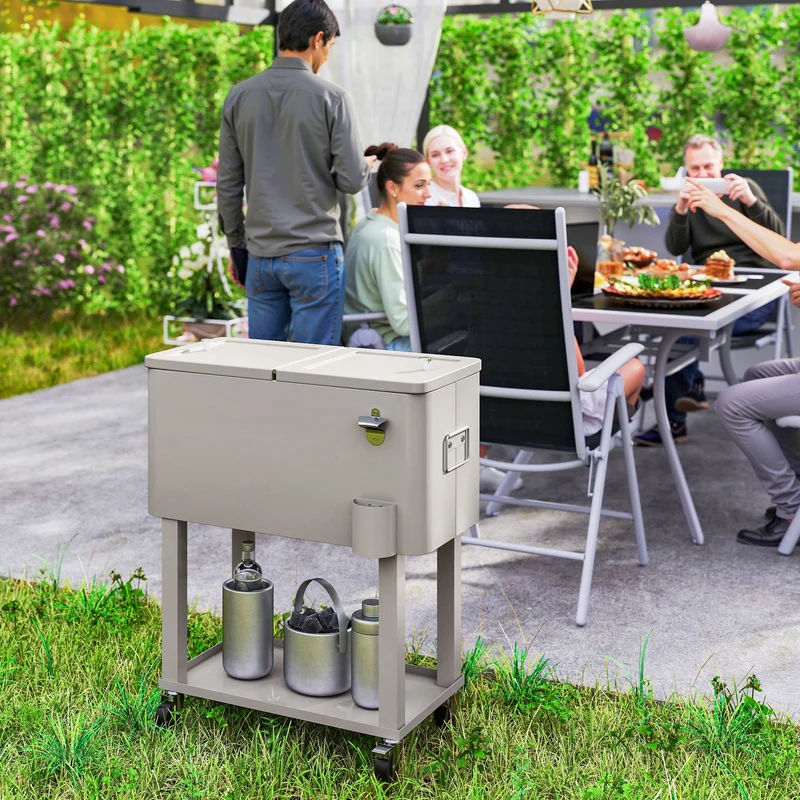 Outsunny Carro De Bebidas Refrigerado 56l Con Ruedas 67x35x80 Cm Gris Claro
