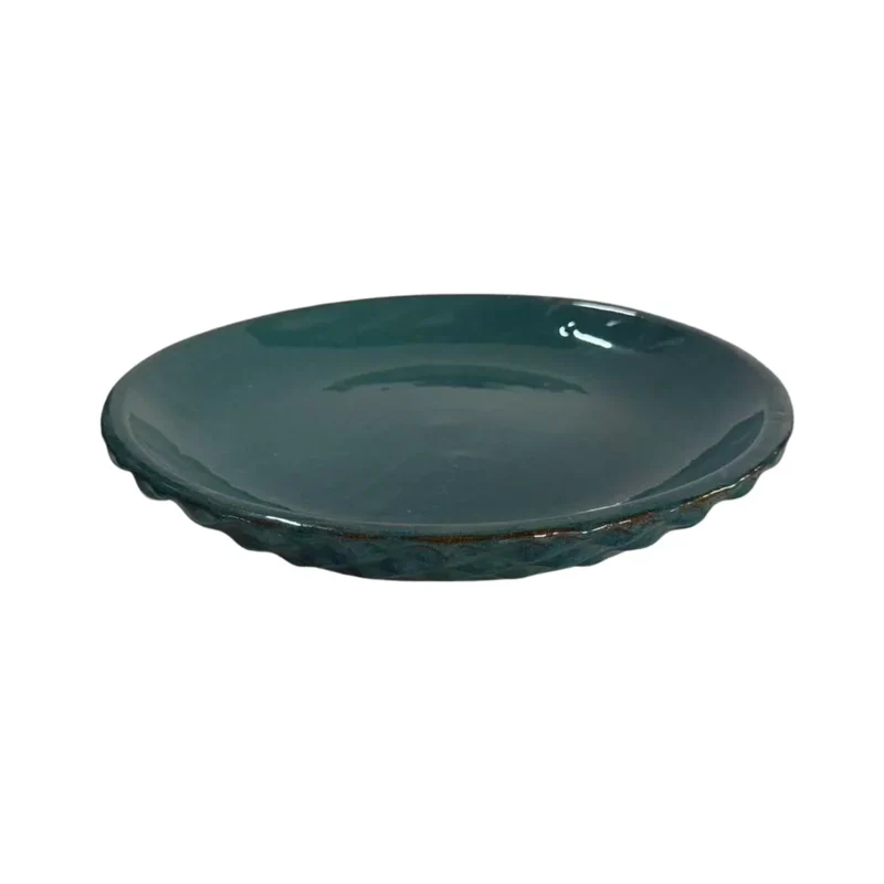 Soucoupe 24cm bleu pétrole faite à la main en terre cuite émaillée