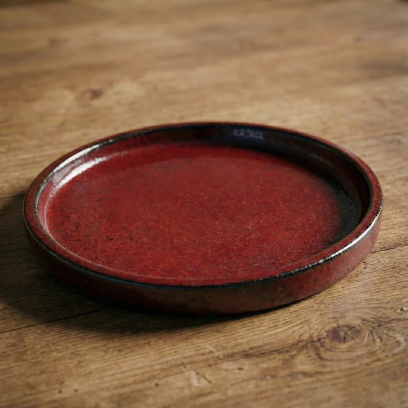 Soucoupe ronde 17cm rouge brique faite à la main en terre cuite émaillée