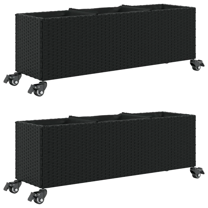 Jardineras Con Ruedas 2 Uds Ratán Sintético Negro 107x32x38 Cm