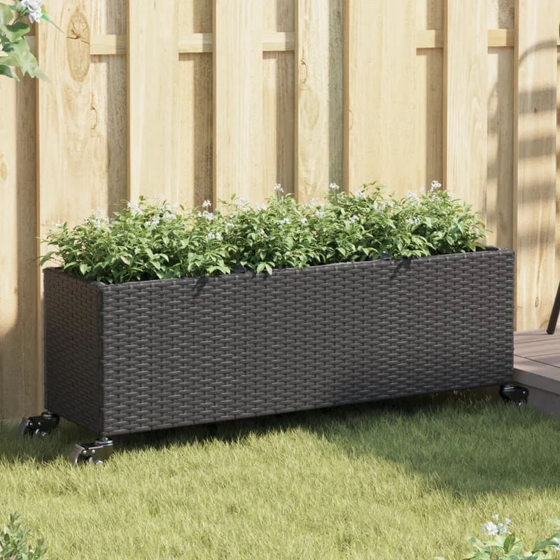 Jardineras Con Ruedas 2 Uds Ratán Sintético Negro 107x32x38 Cm