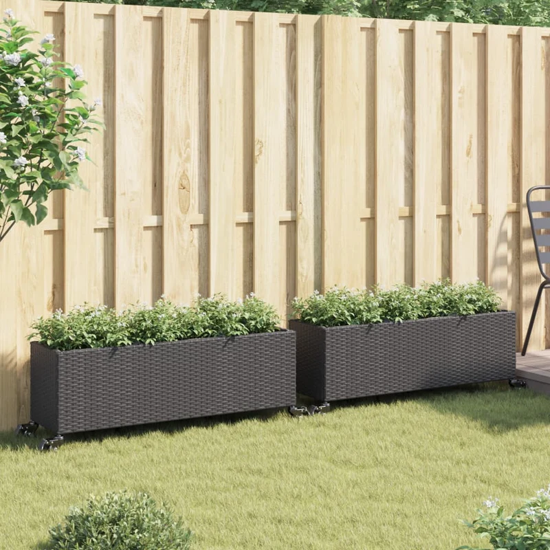 Jardineras Con Ruedas 2 Uds Ratán Sintético Negro 107x32x38 Cm