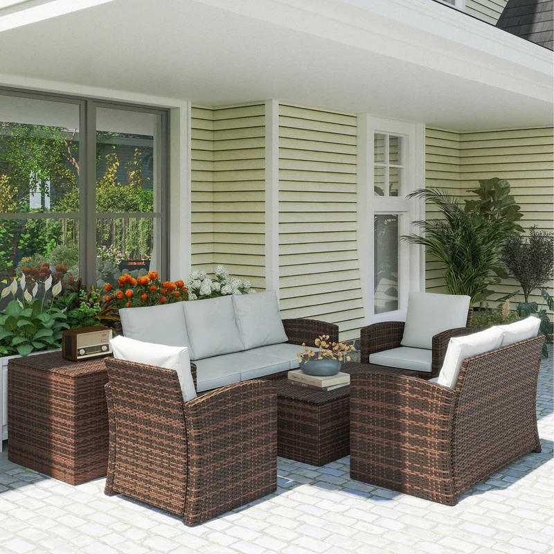 Outsunny Conjunto De Jardín Exterior De Ratán Sintético De 6 Piezas Beige