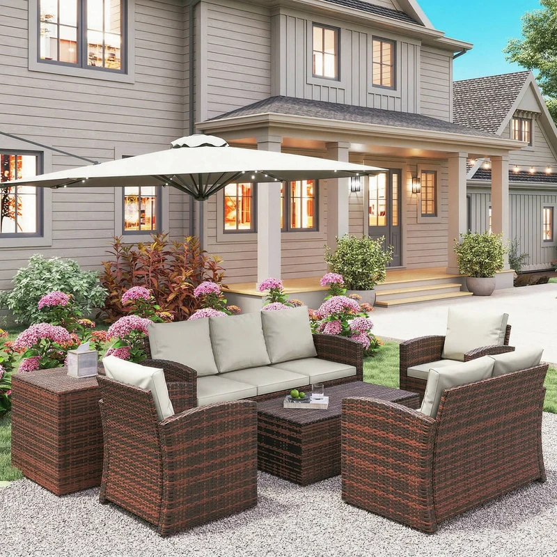 Outsunny Conjunto De Jardín Exterior De Ratán Sintético De 6 Piezas Beige